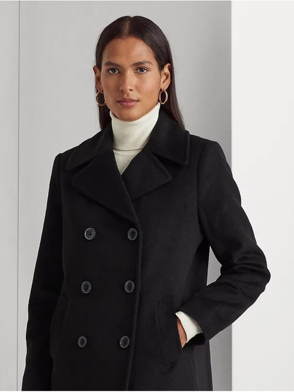 Lauren Ralph Lauren Black Double-Breasted Wool Pea Coat